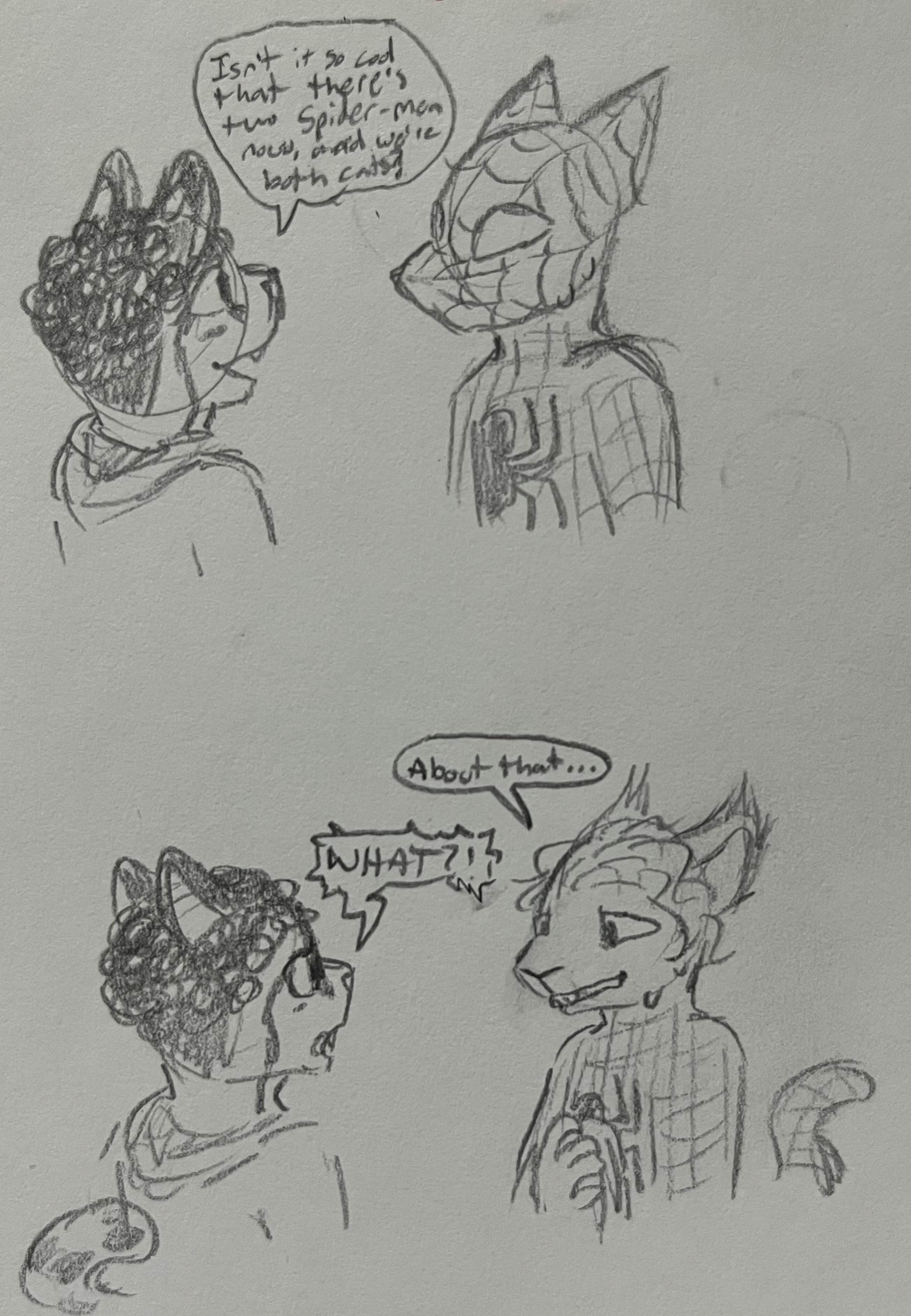 Miles Morales, Peter Parker. Heroes with full-body coverage in costume may lie about their species to conceal their identities - Peter claims to be a cat, but he's actually a squirrel